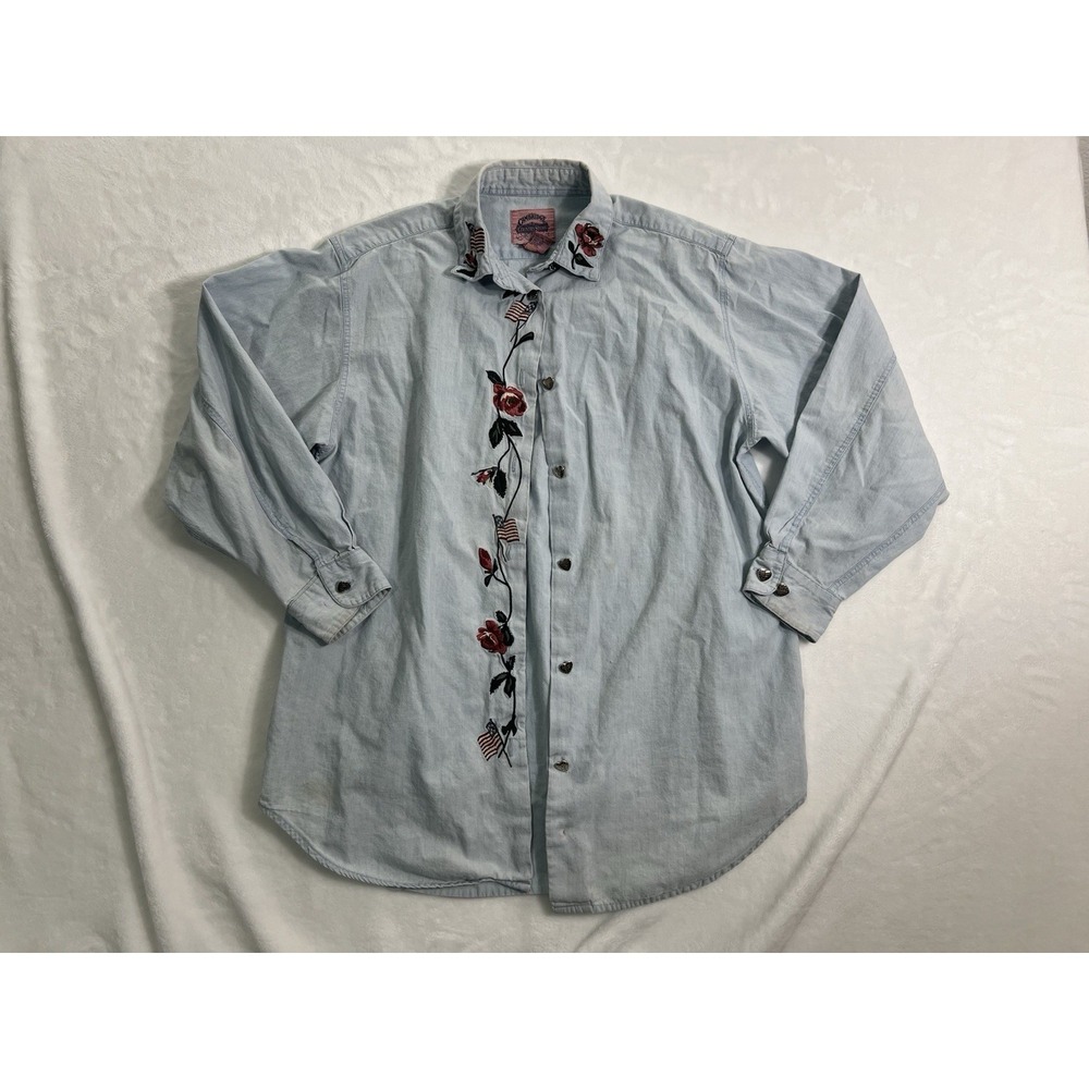 Cambridge Country Store Denim Embroidered Floral Flag Shirt Long Sleeve 6